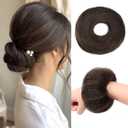 Messy Bun Hair Piece Human Hair for Woman Dark Brown Fake Hair Scrunchie Natural Curly Fluffy Donut Updo Elastic Rubber Band Scrunchie for High Ponytail and Low Chignon Styles#2