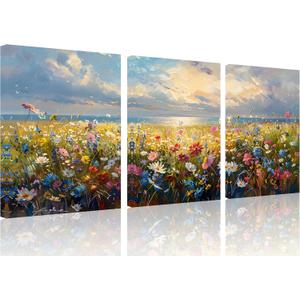TutuBeer 3 Pcs Wildflower Field Artwork Rustic Wildflower Field at Beach Vintage Wall Art Canvas Prints Wild Flower Wall Art Rustic Style Kitchen Office Farmhouse Bathroom Decor 12x24inchx3