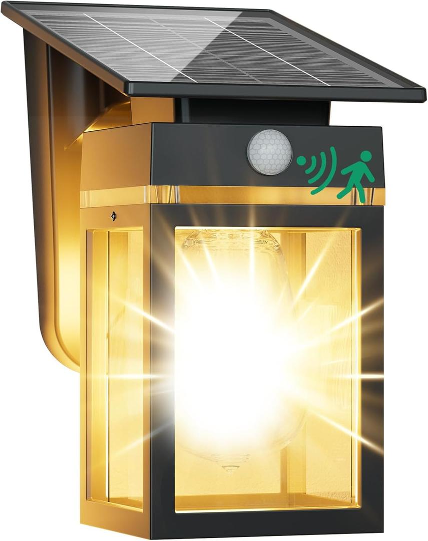 Solar Porch Lights Outdoor, Dusk to Dawn & Motion Sensor Wall Light with Lantern Shape, 3 Modes IP65 Waterproof, E26 Bulb Exterior Sconce for Front Porch, Garage, Patio Security (1PACK, Black Shell-Warm White)