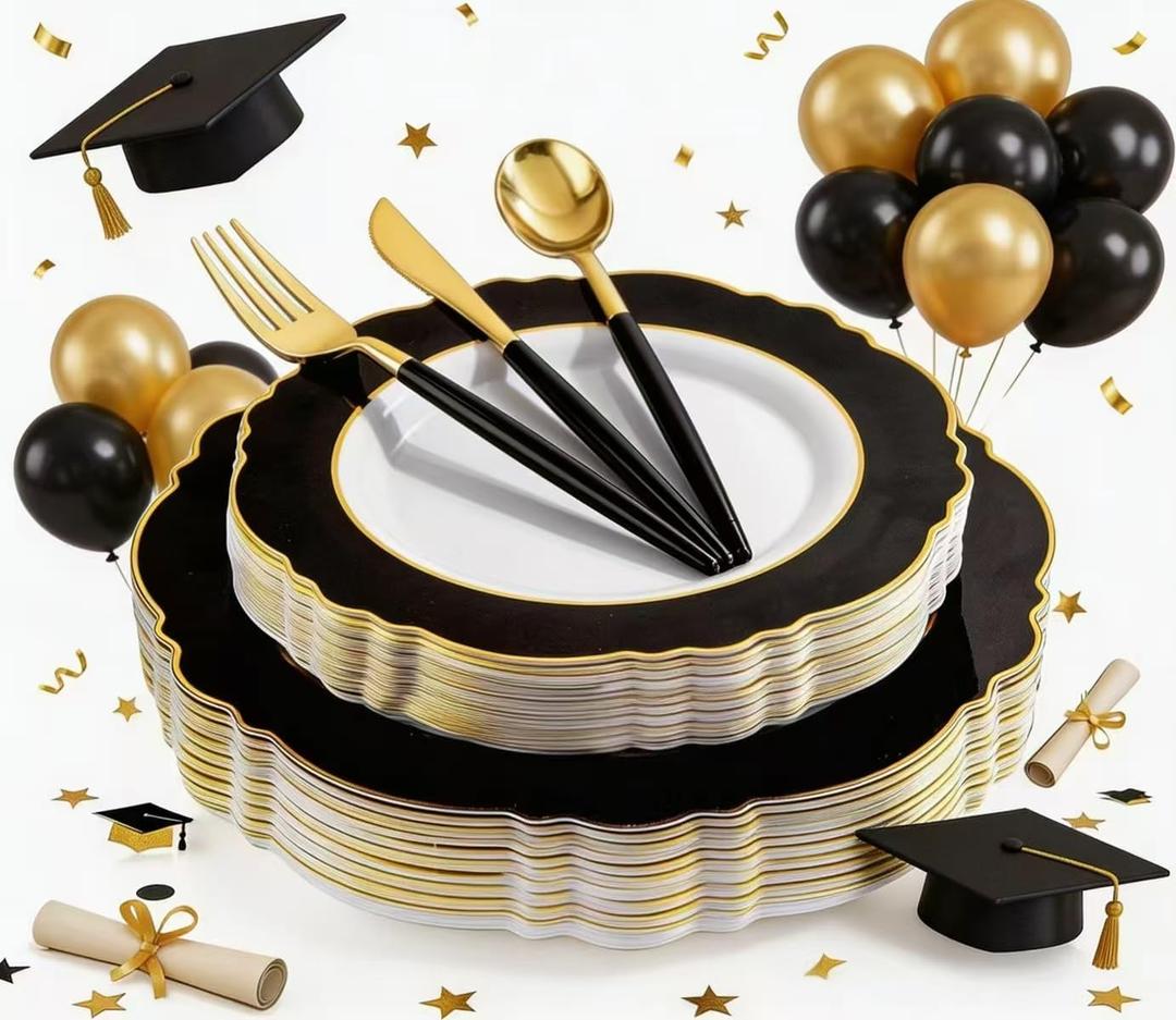 WDF 30Guest Black and Gold Plastic Plates - Gold Plastic Silverware With Black Handle Baroque Black and Gold Disposable Dinnerware for Graduation/Wedding/Party/Birthday (large and small)