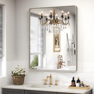28x32 Silver Bathroom Mirror for Wall, Brushed Metal Framed Bathroom Vanity Mirror, Modern Rounded Corner Rectangle Mirror, Anti-Rust (Horizontal/Vertical)