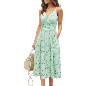 OUGES Women's Summer Spaghetti Strap V-Neck Floral Short Party Dress with Pockets M