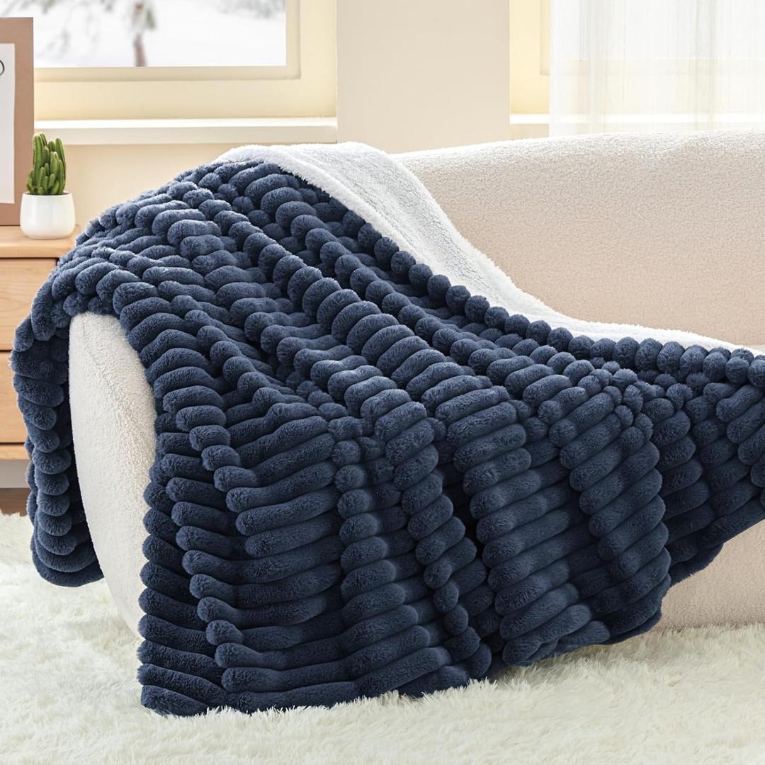 INFIIXSO Sherpa Throw Blanket for Couch - Super Soft & Warm Striped Fleece Blanket, Cozy Plush Fluffy Blanket All Season Use (Navy Blue, 50x60 Inches)