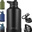 CIVAGO 64 oz Insulated Water Bottle With Straw, Half Gallon Stainless Steel Sports Water Flask Jug with 3 Lids (Straw, Spout and Handle Lid), Large Metal Thermal Cup Mug, Midnight Black