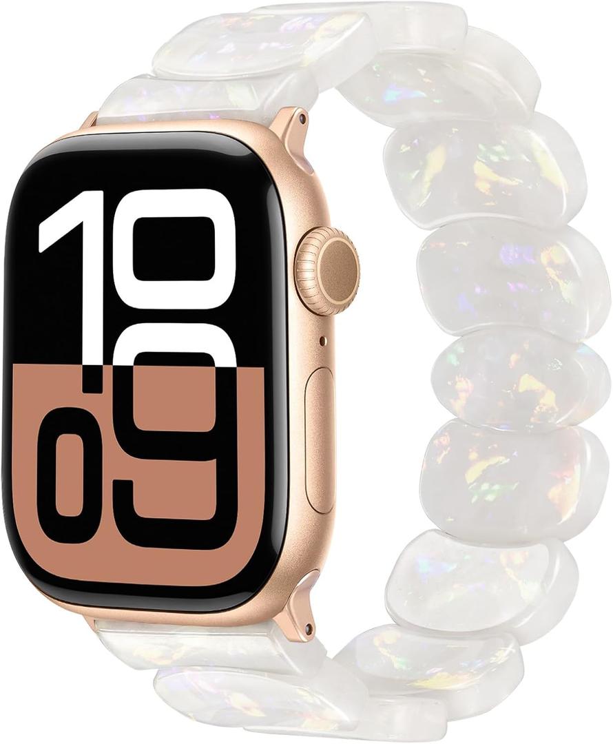 AIRSPO Resin Band Compatible with Apple Watch 38/40/41/42/44/45/46/49mm Women Fashion Handmade Dressy Watch Bands Replacement Series 11-1/SE (Crescent Moon) (Aurora White -Starlight)