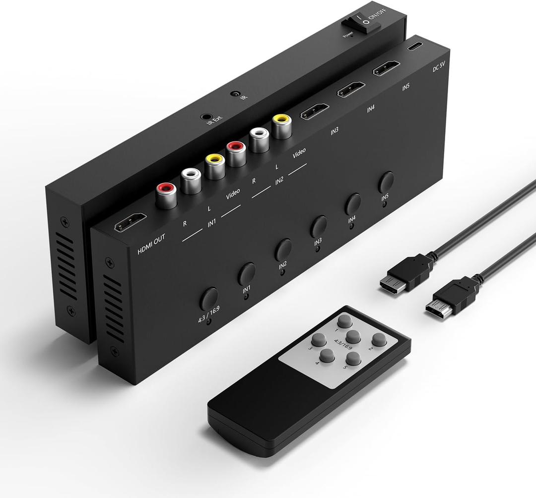 5 in to 1 Out RCA/HDMI Switcher3 Way HDMI 2.0 + 2 RCA to HDMI Converter, Support 4:3/16:9 4K and 3D for PS1/2/3/4/5, N64, SNES, Switch, DVD, Roku, etc.