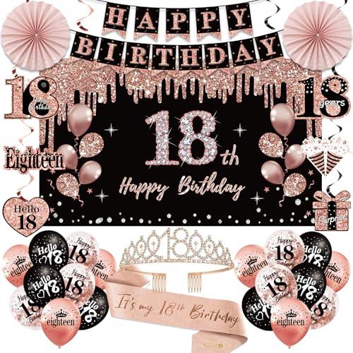 18th Birthday Decorations for Girls, 33pcs Black Rose Gold Happy 18th Birthday Banner 18 Birthday Crown and Sash Balloons Backdrop Hanging Swirls Paper Fans, 18 Years Old Party Supplies Kit