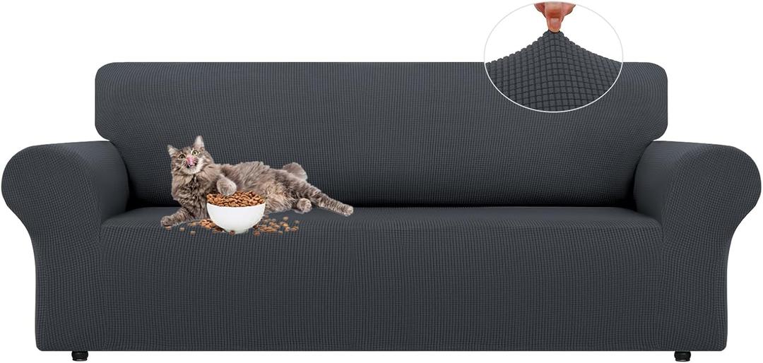 LURKA Stretch Sofa Slipcovers 1 Piece Couch Covers for 3 Cushion Couch Sofa Furniture Protector Full Sofa Covers with Elastic Bottom for Kids and Dog (Dark Grey, Large)