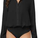 TQD Women Button Down Bodysuit Long Sleeve Collared Shirt Satin Blouse Bodysuits Tops Business Casual Office Professional
 (X-Large, Black)