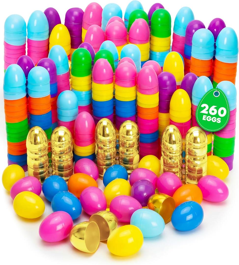 Taboom Bulk Easter Plastic Eggs 260 Count 2.3 Inch Empty Colored & Gold Fillable Egg with Strong Snap-Tight Seal For Easter Egg Hunts, Party Favors, Fillers & Basket Stuffers