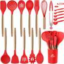 MIBOTE Silicone Cooking Utensils Kitchen Utensil Set - 446F Heat Resistant,Turner Tongs, Spatula, Spoon, Whisk, Wooden Handle Kitchen Gadgets with Holder for Nonstick Cookware Christmas (Red)