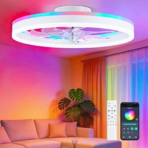 16" RGB Ceiling Fans with Lights and Remote/APP, Dimmable 3000-6500K LED Low Profile Ceiling Fan with Light, Modern Fandelier Flush Mount Ceiling Fan Light for Living Room, Bedroom and Kitchen