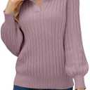 JUSTFASHIONNOW Womens Sweaters Polo V Neck Cable Knit Sweater Dressy Casual Pullover Jumper Tops Fall Winter Trendy (Pink, S)