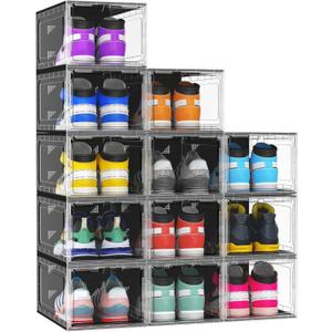 MCIJRJOI 10 Pack Hard Sturdy Thickened Rigid XX Large Shoe Storage Organizer for Closet, Clear Stackable Sneaker Shoe Boxes Rack Containers Display Case Bins with Lids, Black Clear0