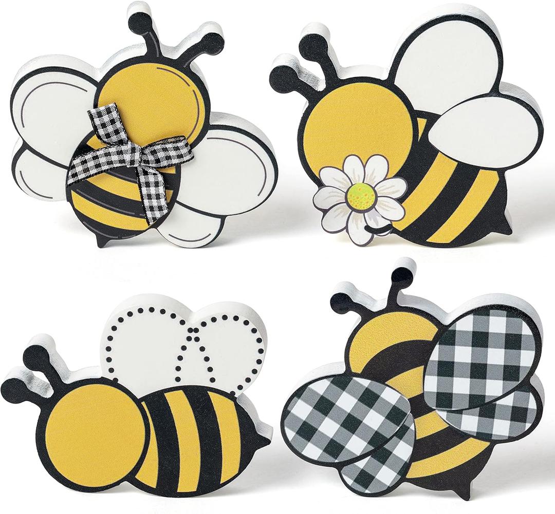 WATINC Bee Tiered Tray Decor - 4PCS Summer Wooden Table Centerpiece Sign, Double-sided Bees Printed Wood Tabletop Signs, Rustic Farmhouse Table Decoration for Holiday Home Honey Party Supplies