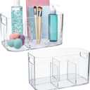 STORi Bliss 5-Compartment Plastic Cosmetics Storage Organizer, Set of 2 | Clear | Rectangular Divided Makeup Bin & Vanity Caddy with Pass-Through Handles | Round Corner Design | Made in USA