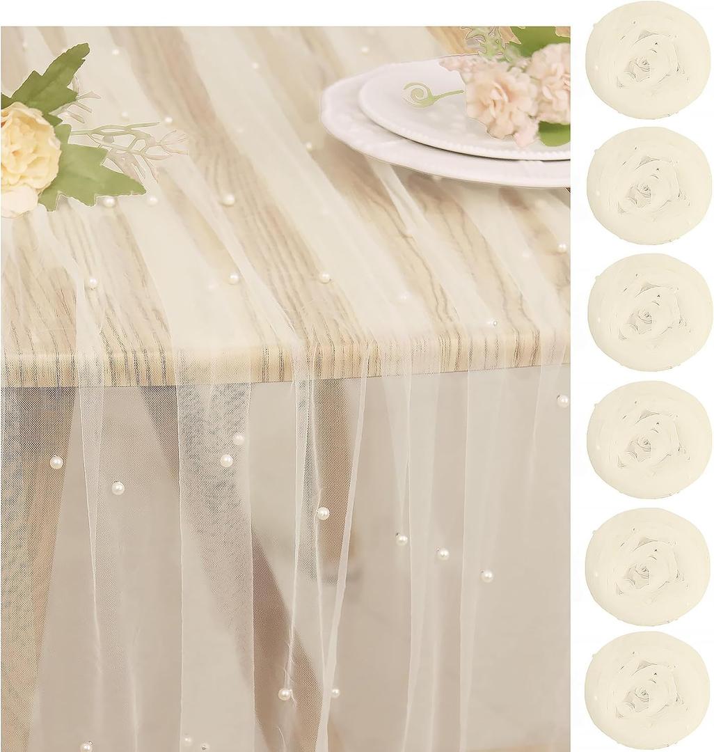 Pearl Table Runner 29 x 120 Inch Beige Tulle Fabric Lace Table Runners Boho Rustic Table Runners for Bridal Shower Birthday Party Wedding Arch Aisle Veil Dessert Table Decor(Beige)
