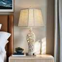 25'' Farmhouse Table Lamp for Living Room Bedroom, 2 USB Ports Vintage Rustic Nightstand Desk Lamp with Nightlight, White Hollow Out Resin Lamp for End Table (Bulb Included)