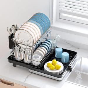 Pumokc Dish Drying Rack, Expandable Large Capacity 2 Tier Dish Drying Rack, Stainless Steel Dish Drainer with Utensil Holder, Adjustable Width for Kitchen Counter, Black