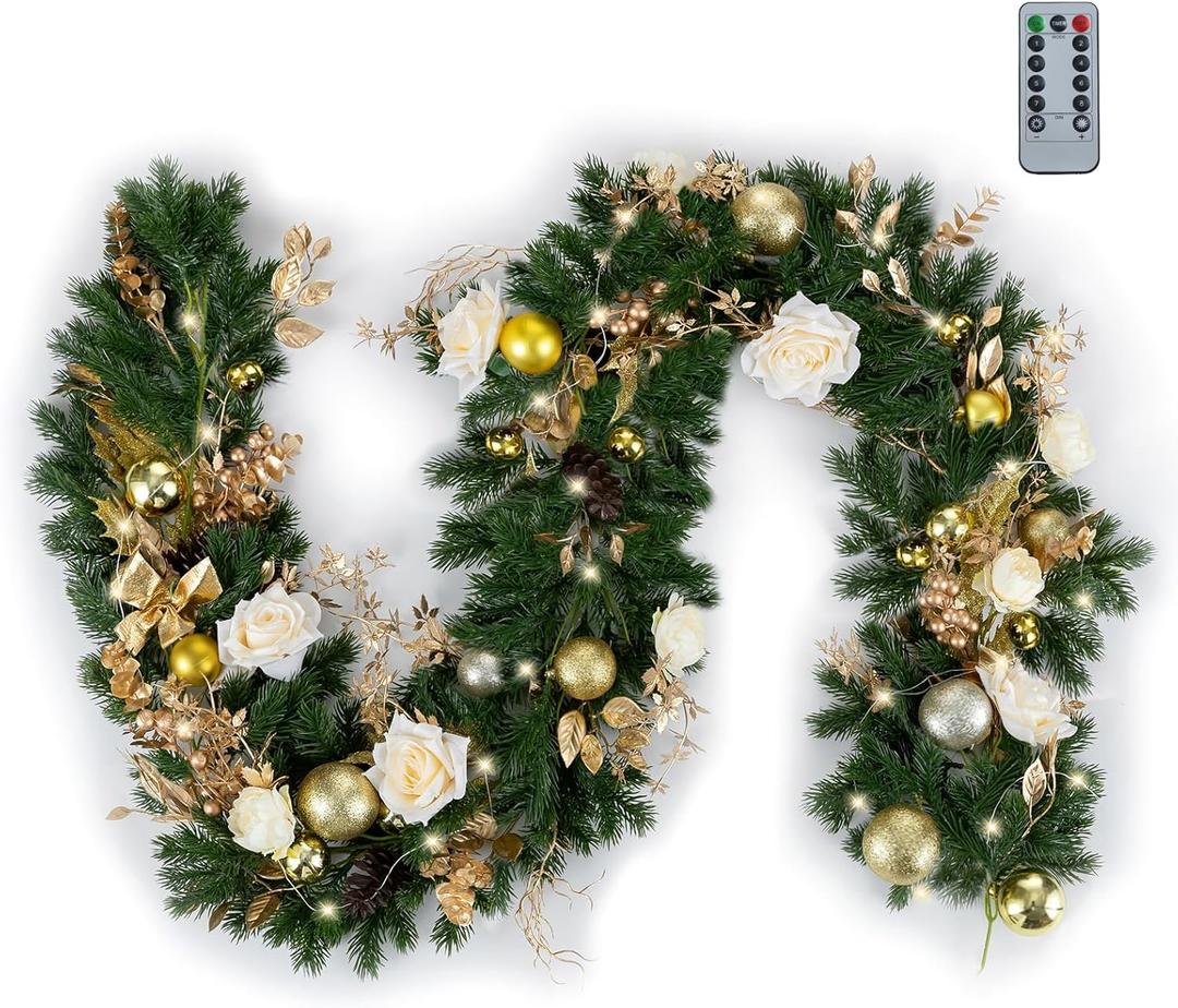 BLOSMON Christmas Garland with Lights for Decoration: 6ft Gold Lighted Garland for Mantle - Remote Timer 30 LEDs 8 Modes - Xmas Eucalyptus Ball Flower Garlands for Stairs Railing Table Outdoor Decor