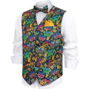 Mardi Gras Vest for Men,Mardi Gras Outfit Vest with Bow Tie,Men Carnival Tuxedo Suit Vests (XXXL)