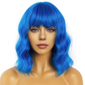 Short Bob Wavy Wig with Bangs for Women Loose Curly Shoulder Length Synthetic Cosplay Wig Bob for Girl Colorful Costume Wigs (Blue)
