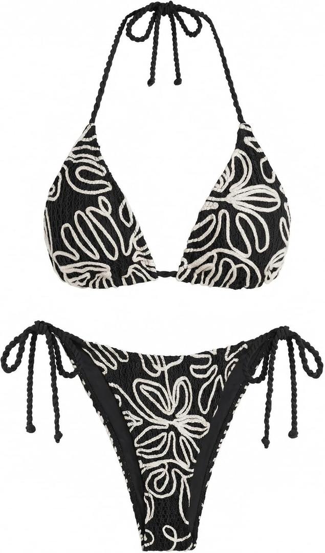 ZAFUL Crochet Triangle Bikini Halter Sting Bikinis Cute Cheeky Two Piece Swimsuit Sexy Bathing Suit for Women 2026 (Black, S)