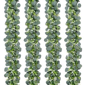 Waipfaru 4Pcs Eucalyptus Garland, 5.9FT Greenery Garland, Green Garland with Flowers, Artificial Faux Silver Dollar Eucalyptus Leaves Vines for Table Home Wedding Mantle Party Indoor Outdoor Decor