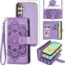 Asuwish Phone Case for Samsung Galaxy S24 FE 5G Zipper Wallet Magnetic Detachable Cell Cover with Tempered Glass Screen Protector Crossbody Strap Flower Card Holder Slot S 24 EF S24FE 24S Women Purple