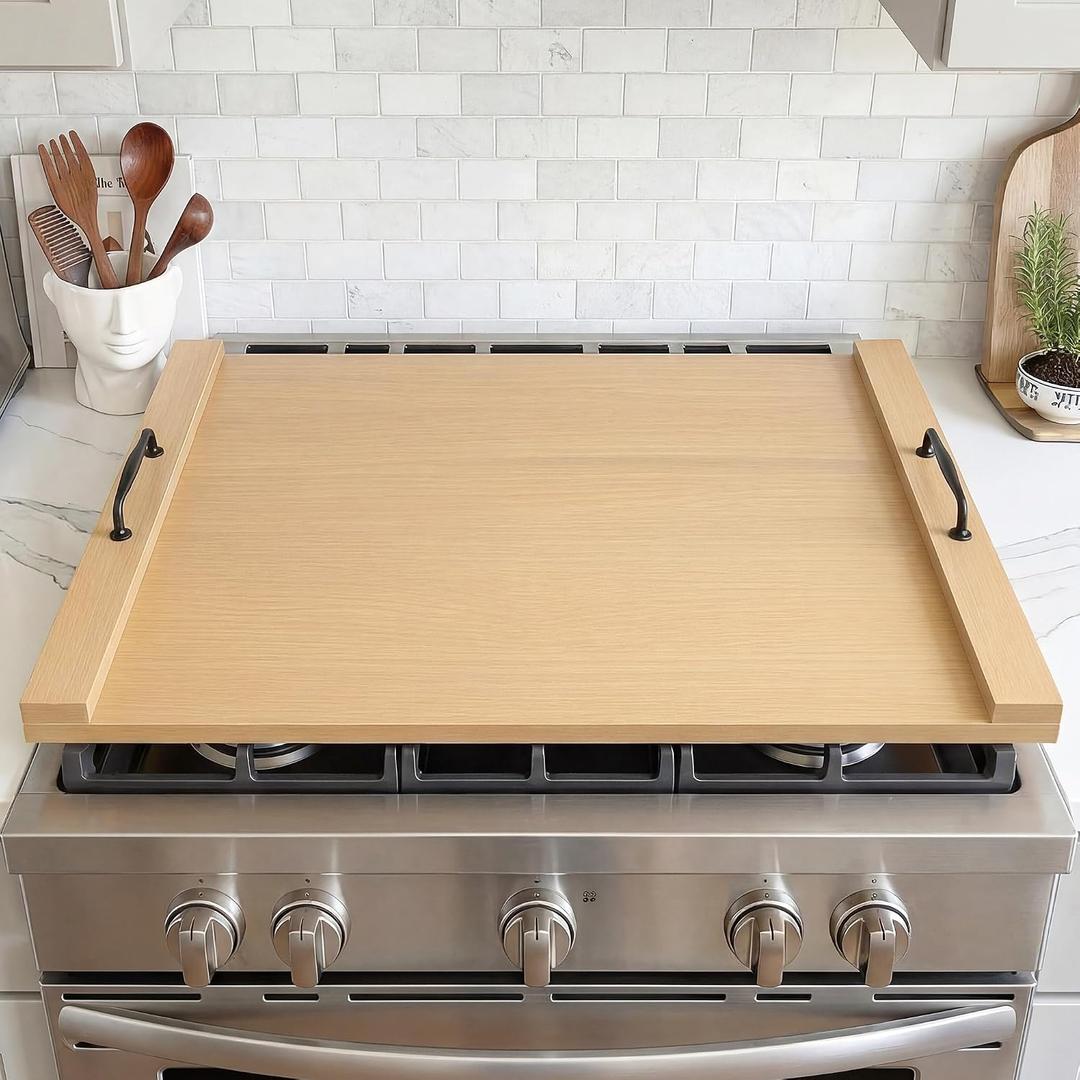 Noodle Board Stove Cover, Wooden Stovetop Cover with Non-Slip Feet, Handle & Raised Lip, Extra Counter Space for Kitchen (29.5 x 22 Natutal)