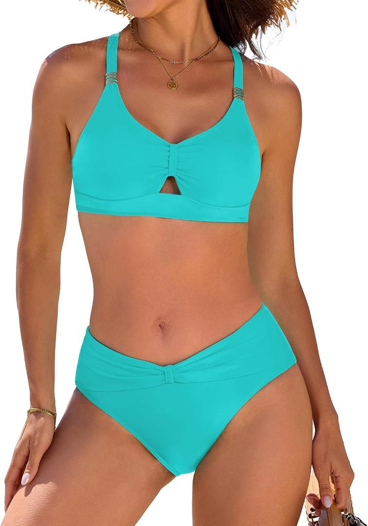 swimall Women's 2 Piece Bikini Sets Ruched Cutout Swimsuit Crisscross Back Bathing Suit (Blue, M)