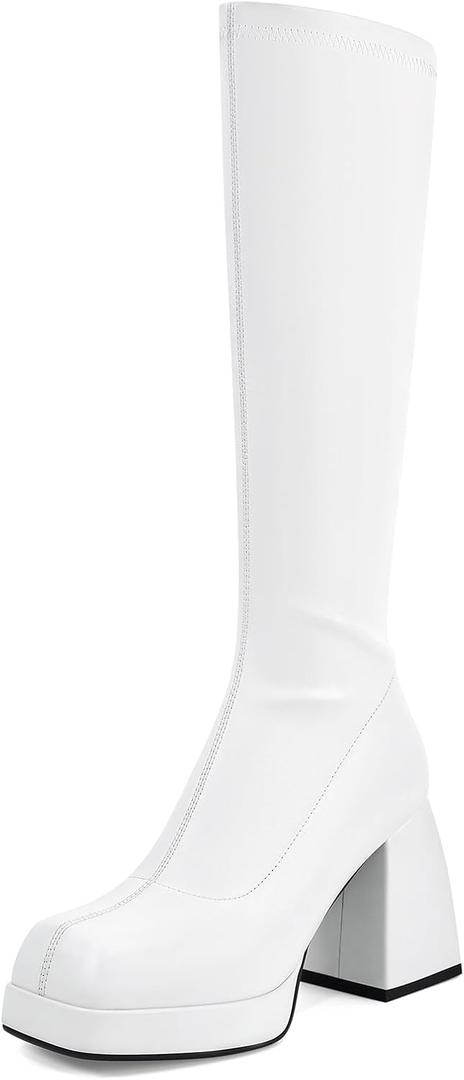 SOVANYOU Black Leather Boots Platform Boots for Women Fashion Square Toe Chunky Block Heeled Boots Side Zip (9, Matte White)