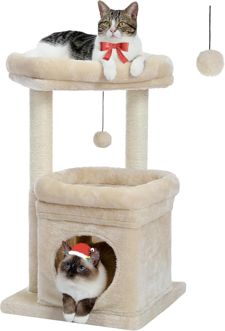 PEQULTI Cat Tree Cat Tower for Indoor Cats with Private Cozy Cat Condo, Natural Sisal Scratching Posts and Plush Pom-pom for Small Cats,Beige (27 inch Sleeping Tree)