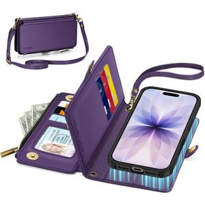 TUCCH Removable Crossbody Wallet Case for iPhone 17 (6.3"), 9 Card Holders RFID Blocking, Lanyard, Wrist Strap, Wireless Charging, Stand, Zipper Pocket, PU Leather, Magnetic Flip Cover, Deep Purple