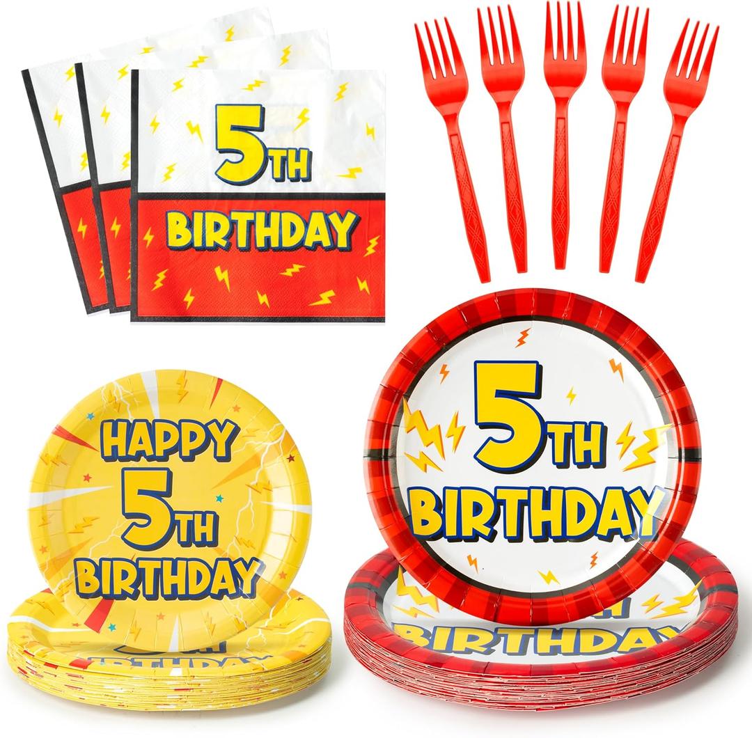 96PCS Cartoon Lighting Bolts Birthday Decorations Serve 24 Guest | Red White Yellow Lighting Bolts Happy 5th Tableware Supplies Cartoon Plates Napkins Forks for Birthday Party Table Decoration