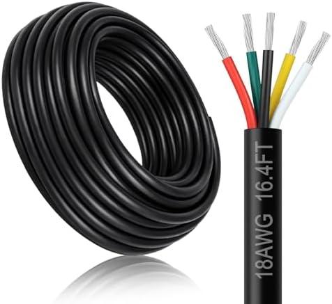 DEKIEVALE 18 Gauge 5 Conductor Electrical Wire, 8FT 18AWG Black PVC Stranded Tinned Copper 5 Wire Cable, 18/5 Flexible Extension Cable for LED Lamp Lighting, Automotive, Speaker, Access Control