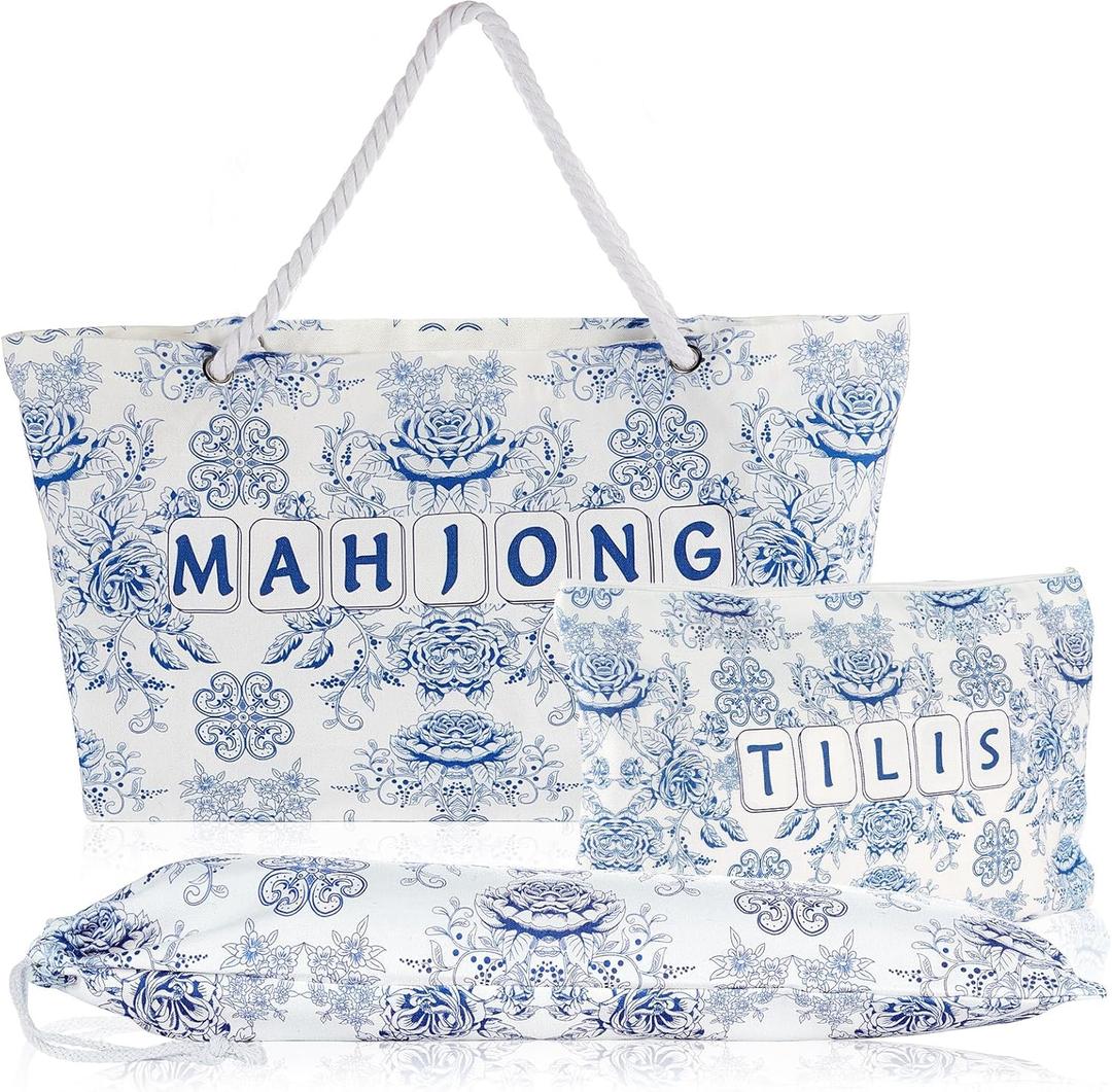 3 Pcs Empty Mahjong Bag Set for Tiles and Racks American Mahjong Case Travel Bag Tote Carrying Bags Cute Mah Jong Accessories Mahj Rack Storage Bags Carrying Case (Elegant)