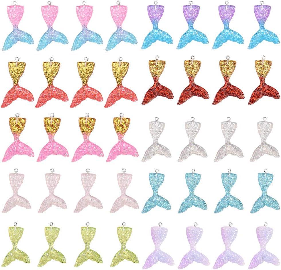 SUNNYCLUE 40Pcs Resin Mermaid Tail Charms Flatback Charm Pendants with Glitter Powder Summer Ocean Fish Tails Charms for DIY Jewelry Making Charms Earring Bracelets Necklace Supplies Hanging Ornament