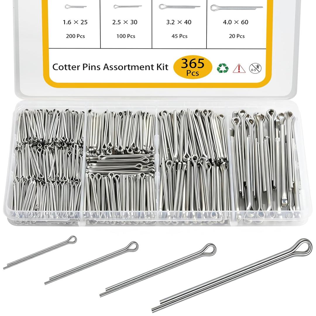 Cotter Pin Assortment Kit 365 Pcs, 304 Stainless Steel 4 Sizes Cotter Pins, Hardware Pins for Automotive Trailer Lawnmower Truck Farm Tractor