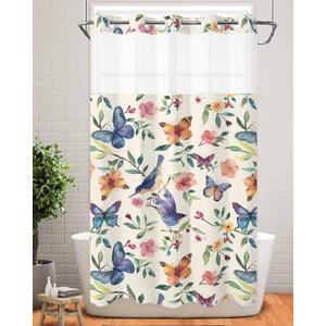 Flower Shower Curtain Waterproof Snap in Liner, Watercolor Blue Floral Butterfly Vibrant Colorful Petals No Hooks Shower Curtain, 36x72 Polyester Flower Curtain Shower for Your Bathroom Decor (Dark Green)