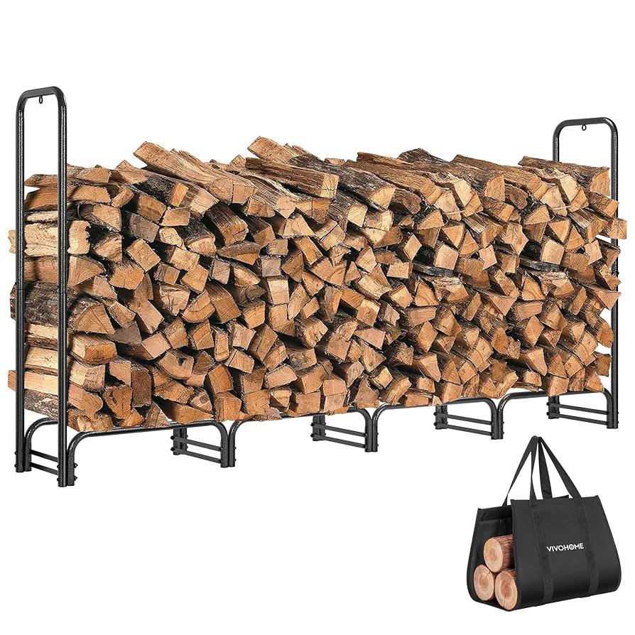 VIVOHOME 8ft Firewood Rack Outdoor, Heavy Duty Adjustable Log Holder with Carrier Bag, Metal Fire Wood Pile Storage, Fire Logs Stand Stacker Organizer for Indoor Fireplace