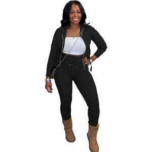 Mrskoala Women Two Piece Sets Sweater Outfits Dressy Lounge Knit Zip Up Hoodie Pant Set (Medium, Black)