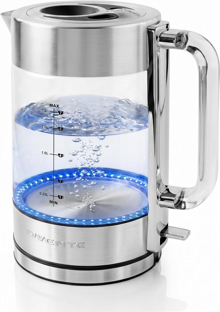 OVENTE Electric Kettle, 1.8L Tea Kettle Cordless with Borosilicate Glass Water Boiler, Stainless Steel Base, Acrylic Handle, 1500W Fast Boil Electric Kettle, Easy Fill Lid, Auto Shutoff, Silver KG911S