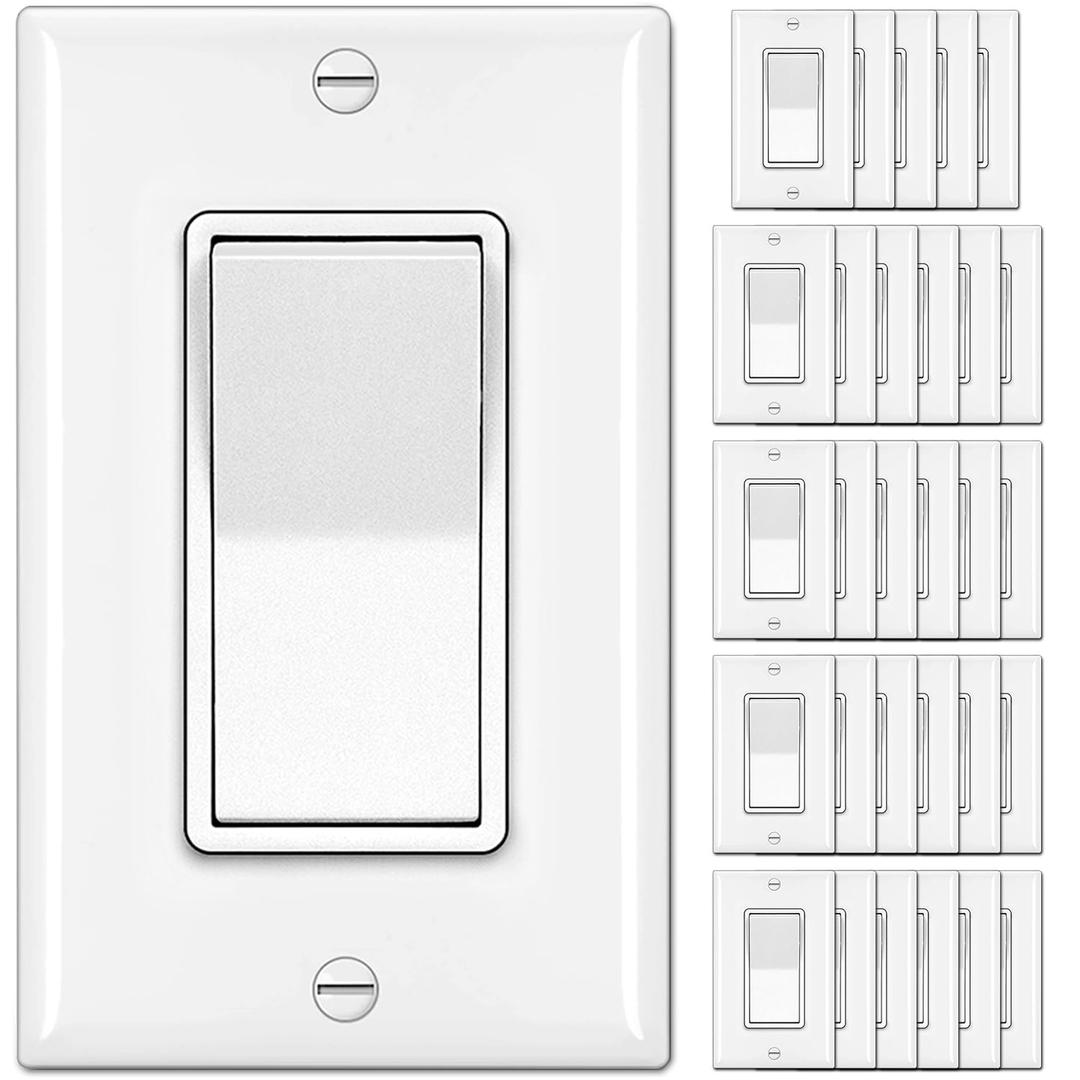 BESTTEN 30 Pack Single Pole Decorator Light Switch, Rocker Paddle Wall Switch, On/Off Interrupter, w/Wall Plate, 15A 120/277V, UL Listed, White