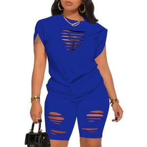 PINSV Women 2 Piece Outfits Summer Sweatsuits Biker Short Workout Jogger Sets (Small, Blue Cut Out)
