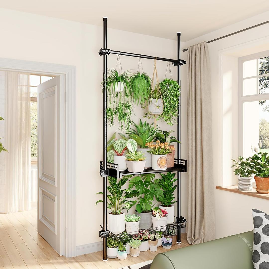 Bamworld Tension Rod Plant Stand Adjustable Hanging Plant Shelf Indoor Tall Plant Pole Stand Floor to Ceiling Pole for Living Room Bedroom Flower Holder For Multiple Plant Pots Display Black