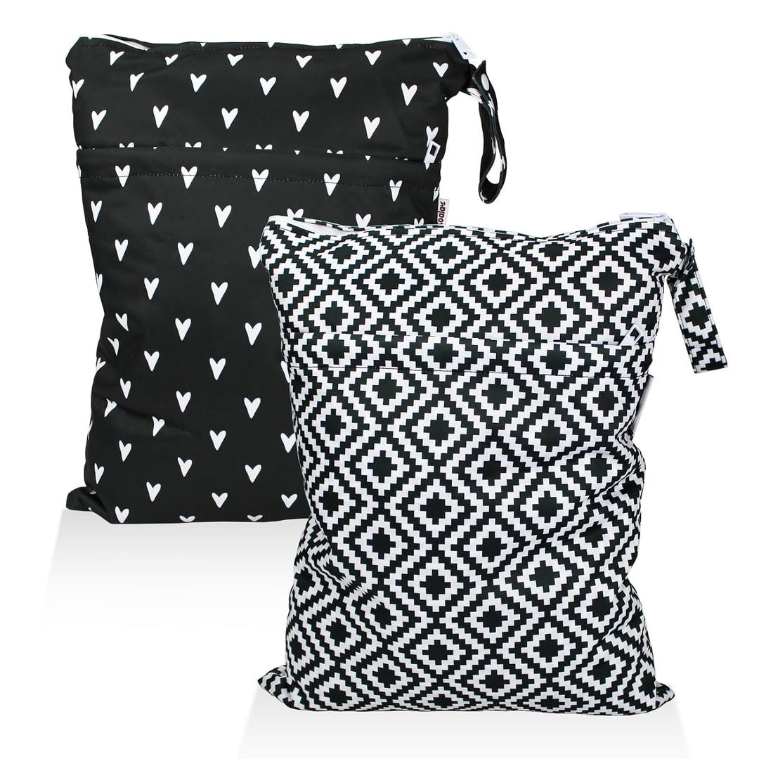 Mama Koala 2 Pack Wet Dry Bags on the Go, Swimming Pool, Beach, in Gym, Fitness Center, Natatorium, Polyester Waterproof Diaper Bag with 2 Pockets, Portable, Reusable, Machine Washable-12in/16in-019