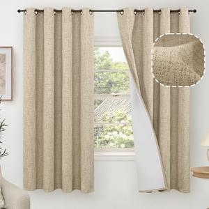 Lajode Faux 100% Blackout Curtains for Bedroom 63 Inch Length 2 Panels, Thermal Insulated Total Light Blocking Noise Reducing Linen Window Curtains for Nursery, Bronze Grommet, Each 52" Wide, Burlap