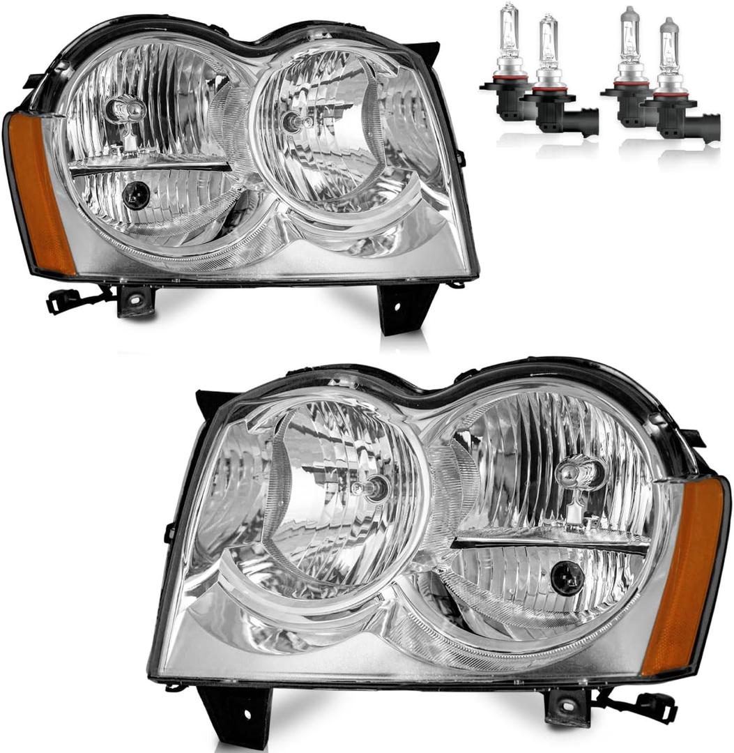 Headlights W/Bulbs for 2005 2006 2007 Jeep Grand Cherokee 4Dr | Halogen Headlamp Assembly Replacement Left & Right Side W/Bulbs, Chrome Housing