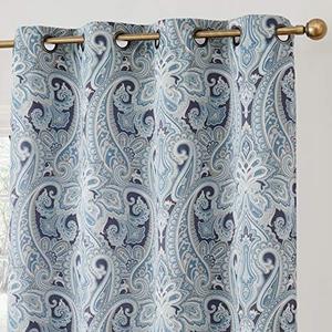 HLC.ME Paris Paisley Decorative Pattern Print Damask Pattern Light Reducing Grommet Window Curtain Panels for Bedroom - Set of 2 (50 W x 84 L Long, Blue)
